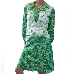 Vintage Shady Lane 1970s Mod Green Floral Cottagecore Outfit Blouse & Skirt Set